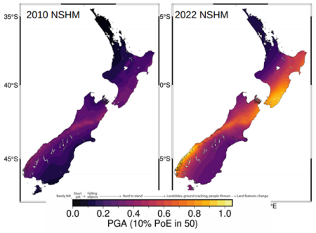This map shows the comparison of 2010 and 2022 peak ground acceleration from earthquake shaking