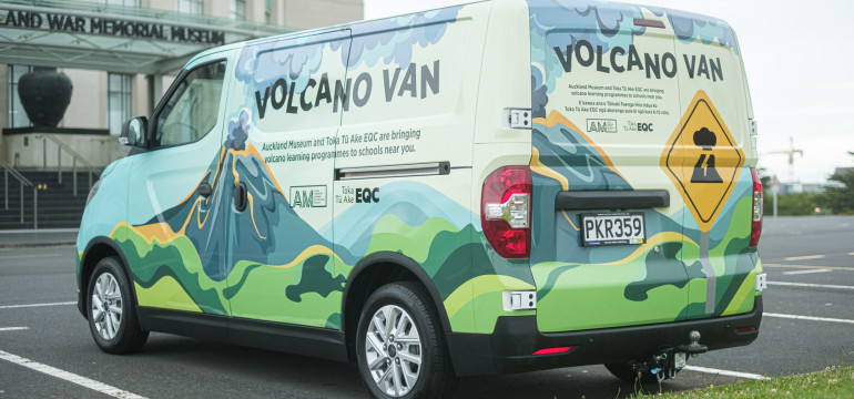 Volcano Van - an Auckland Museum van with a large painting of a volcano on it.