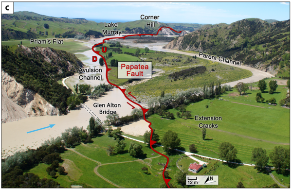Bird's eye view of the Clarence River Valley with a red line showing where the Papatua Fault runs underneath multiple parts of the river.