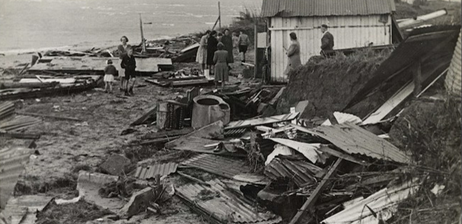 A historic photo from the Alexander Turnbull Library of damage from the tsunami in Gisborne in 1947