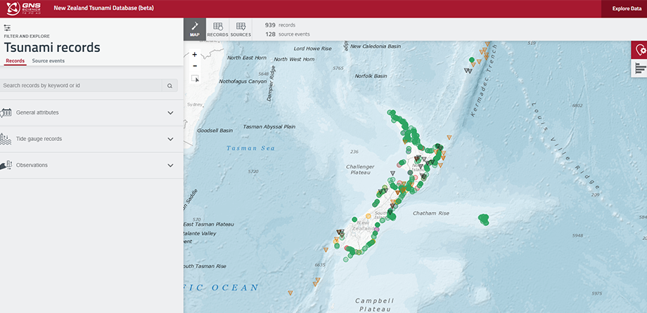 A screenshot from the New Zealand Tsunami Database showing New Zealand.