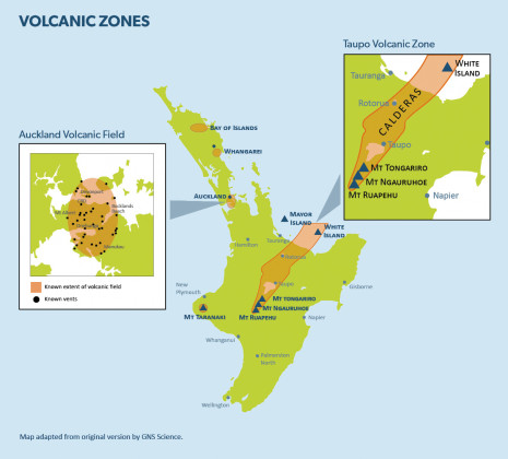 Graphic showing New Zealand's active Volcanic Zones